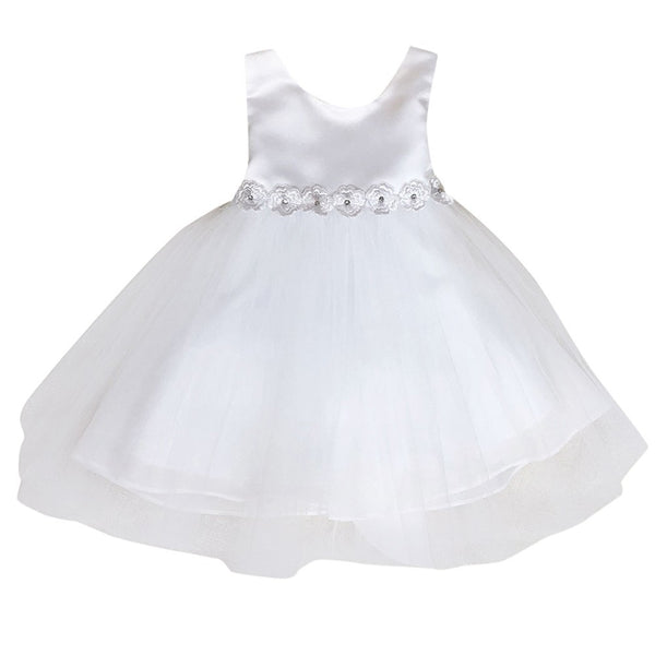 Petite Adele Little Girls White Satin Tulle Tea Length Flower Girl Dress 2-6 - SophiasStyle.com